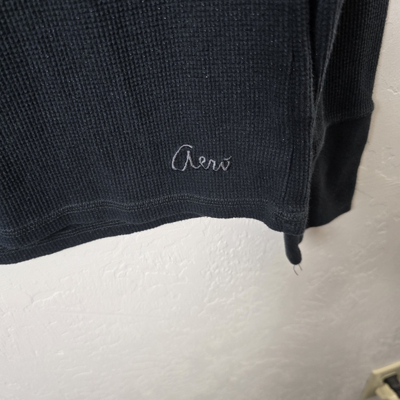 Aeropostale Stretch Black Waffle Knit Henley T Shirt Long Sleeve Y2K XL/TG - Picture 8 of 15